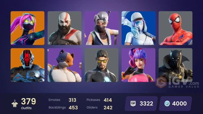 379 skins | Leviathan Axe | Kratos | Cloud Striker | Carbon Commando | Hangtime | Point Patroller | Fixer | Sultura | Snap | Vi | Wanderlust