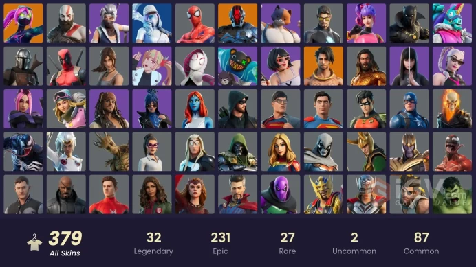 379 skins | Leviathan Axe | Kratos | Cloud Striker | Carbon Commando | Hangtime | Point Patroller | Fixer | Sultura | Snap | Vi | Wanderlust
