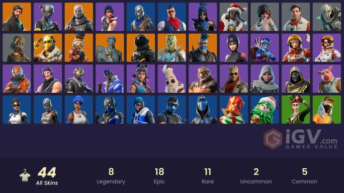 44 skins | The Reaper | Elite Agent | Take The L | Floss | Tidy | Blue Squire | Royale Knight | Havoc | Ride The Pony | Mako | Snowflake