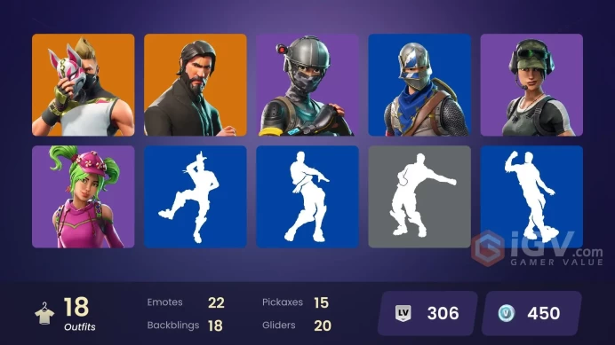 18 skins | The Reaper | Elite Agent | Take The L | Blue Squire | Royale Knight | Trailblazer | Ride The Pony | Snowflake | Dark Voyager | Drift