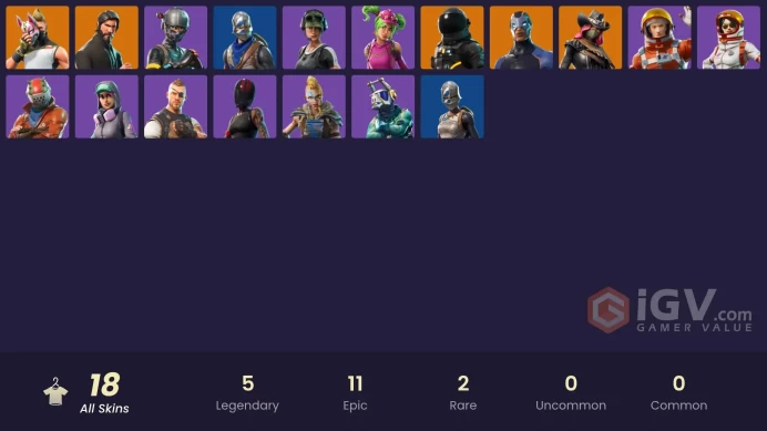 18 skins | The Reaper | Elite Agent | Take The L | Blue Squire | Royale Knight | Trailblazer | Ride The Pony | Snowflake | Dark Voyager | Drift