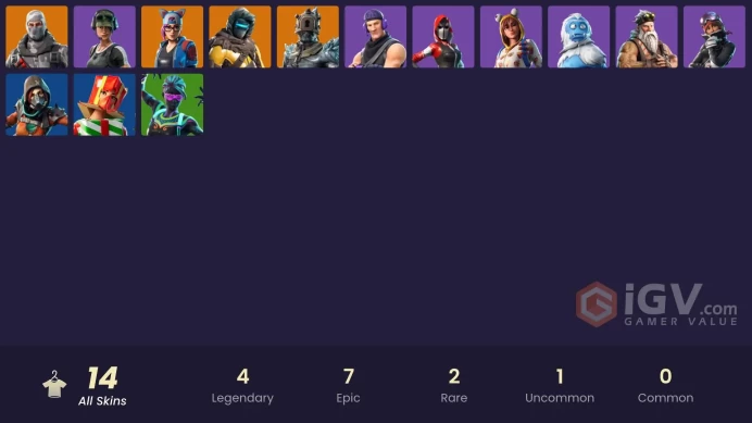 14 skins | Havoc | Trailblazer | Ride The Pony | Mako | Snowflake | Sub Commander | The Prisoner | Lynx | Zenith | Trog | Sgt. Winter | The Ace