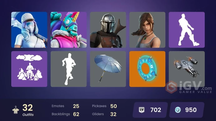  PC  32 SKINS  Predator  Menace  Mandalorian  Alli  Vi  Era  Optimus Prime  950 VBUCKS  FPMNJ 