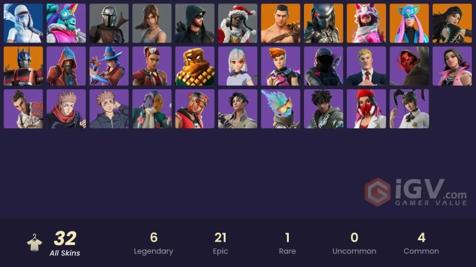  PC  32 SKINS  Predator  Menace  Mandalorian  Alli  Vi  Era  Optimus Prime  950 VBUCKS  FPMNJ 