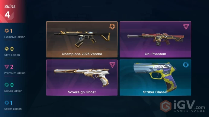4 Skin // EU-TR // Champions Vandal + Oni Phantom + Sovereign Ghost // FULL Access // Valorant Best Skins // Gold 3