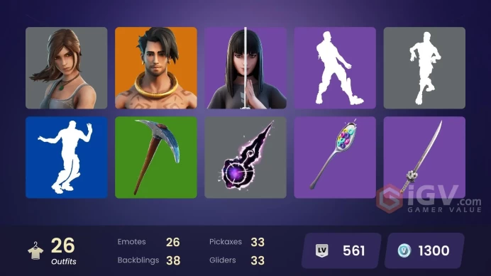  PC  26 SKINS  The Cube Queen  Raz  Kymera  Spire Assassin  Joey  Ronin  1300 VBUCKS  FP30Z 
