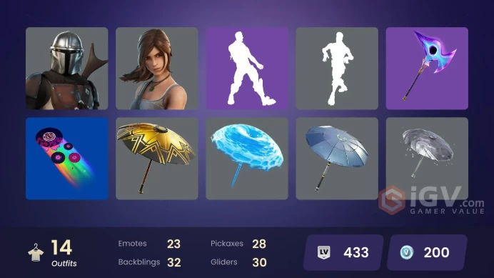  PC/PSN  14 SKINS  Mandalorian  Polar Peely  Agent Jones  Lara Croft  Mave  Iris  200 VBUCKS  FPX1h 