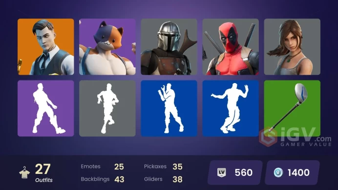  PC  27 SKINS  Eternal Knight  Deadpool  Mandalorian  Gear Specialist Maya  Midas  1400 VBUCKS  FPcK6 