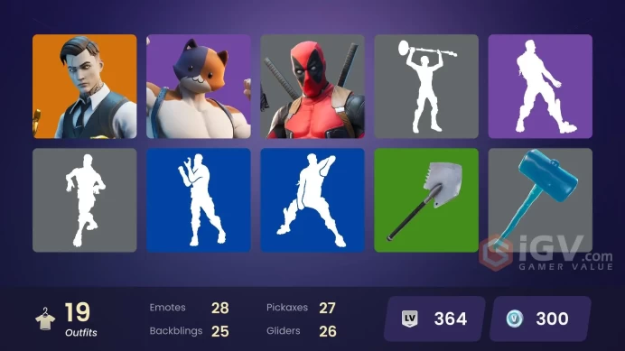  PC  19 SKINS  Deadpool  Midas  Gear Specialist Maya  Skye  Agent Peely  TNTina  0 VBUCKS  FKMog 