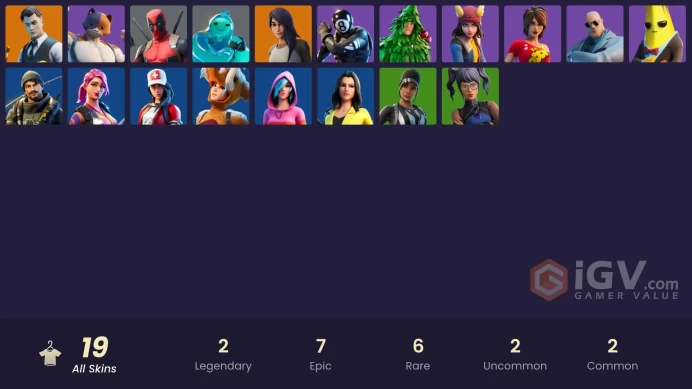  PC  19 SKINS  Deadpool  Midas  Gear Specialist Maya  Skye  Agent Peely  TNTina  0 VBUCKS  FKMog 
