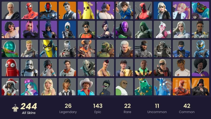 (PC PSN XBOX) 244 skins | Gold Brutus | Gold Midas | Snap | Peter Griffin | The Scientist | Zeus | Ruin | Valeria | Blackheart | Son Gohan | Nez