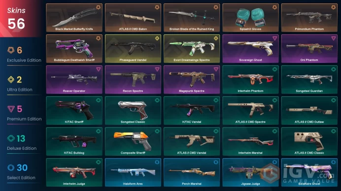 NA | 56 skins | Black.Market Butterfly Knife | Phaseguard Vandal | Broken Blade of the Ruined King | SplashX Gloves | Primordium Phantom | N5090