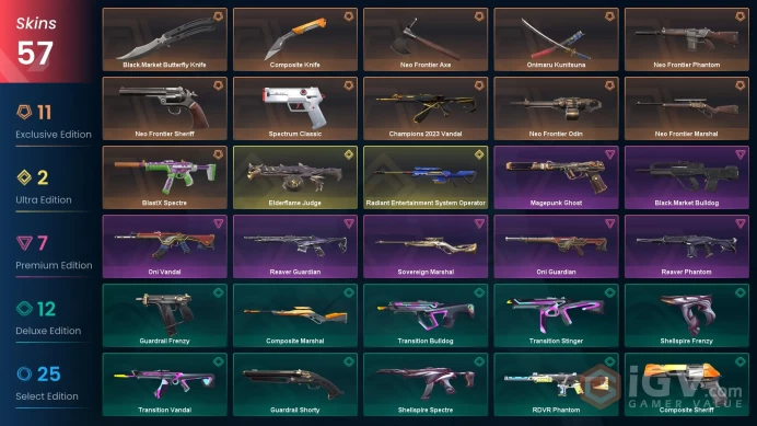 EU / 57 Skins / 4 Knives / Reaver / Neo Frontier / Spectrum / BlastX / Radiant Entertainment System / Oni / Elderflame / Sovereign XB4