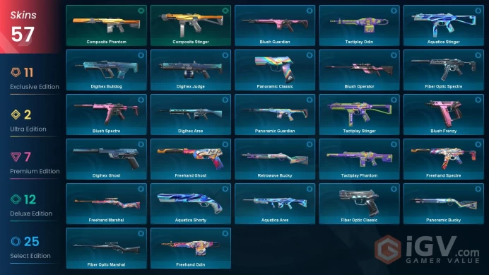 EU / 57 Skins / 4 Knives / Reaver / Neo Frontier / Spectrum / BlastX / Radiant Entertainment System / Oni / Elderflame / Sovereign XB4