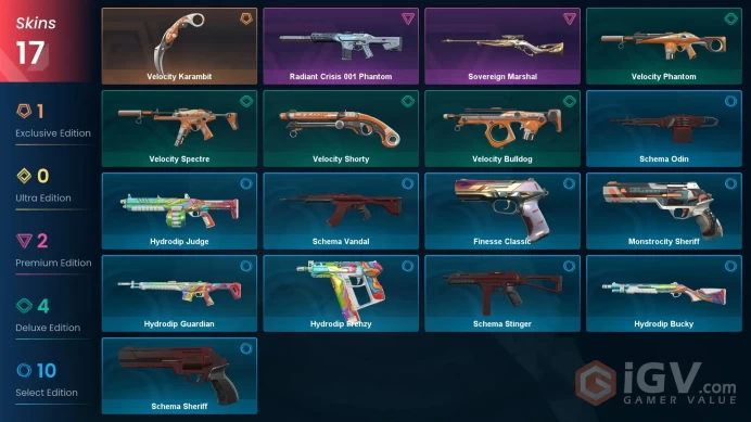 TR/EU Full Access | 17 Skins Velocity Karambit + Radiant Crisis 001 Phantom + Sovereign Marshal + Schema Vandal + Monstrocity Sheriff + more