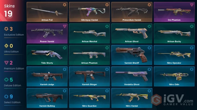 Eu/Full Acces/Ranked Ready/Artisan Foil + Primordium Vandal + Glitchpop Vandal + Reaver Vandal + Oni Phantom + 14 more