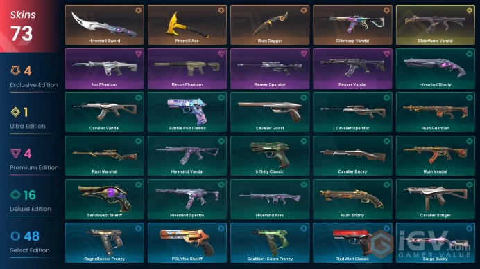 EU Full Access | 73 Skins Ruin Dagger+Reaver Vandal+Recon Phantom+Ion Phantom+Reaver Operator+Glitchpop Vandal+more