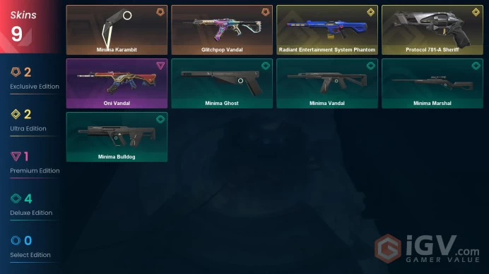 AP | 9 Skins| Diamond | Minima Bundle | Radiant Entertainment System Phantom |Level 38 | Agents 30 | Full Access | Full Details Below!