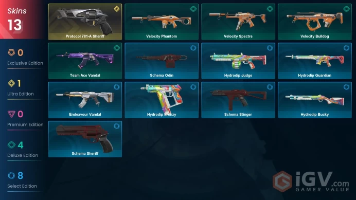 Ap | 13 Skins | Platinum | Level 32 | Protocol 781-A Sheriff | Team Ace Vandal | 1 Battlepasses Purchase | Full Access |Full Details Below!