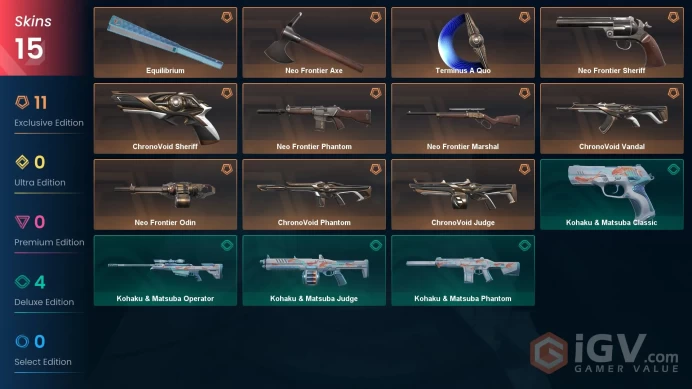 AP | 15 Skins | Silver 1 | Level 25 | VP Value: 33750 | Neo Frontier Bundle | ChronoVoid Bundle | Full Access | Full Details Below!