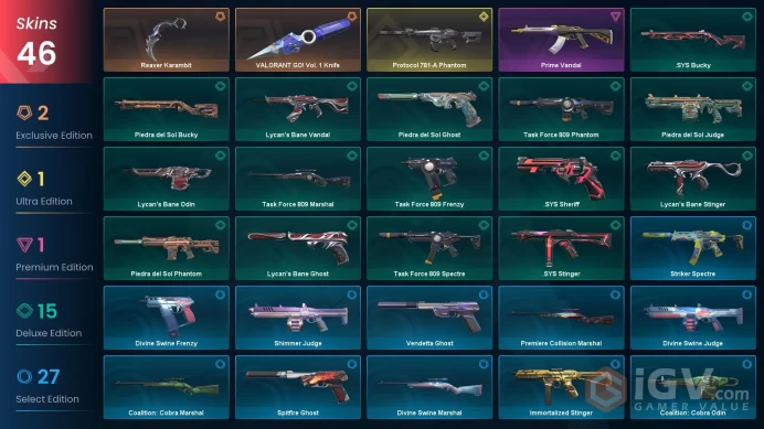 Ap | 46 Skins | Gold 1 | Reaver Karambit | VALORANT GO! Vol. 1 Knife| 4 Battlepasses Purchase | Full Access | Full Details Below!