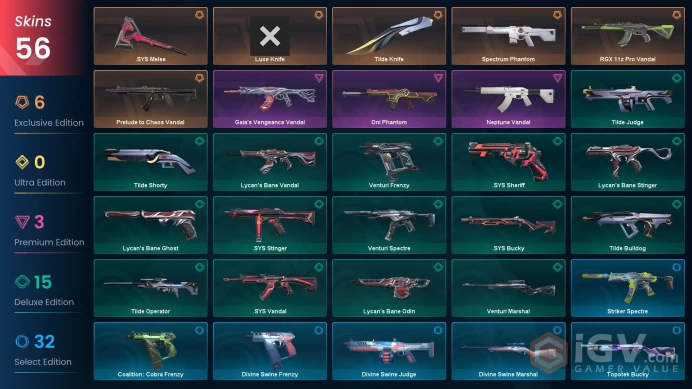 Ap | 56 Skins | Level 116 | | Spectrum Phantom | Prelude to Chaos Vandal | 4 Battlepasses Purchase | Full Access | Full Details Below!