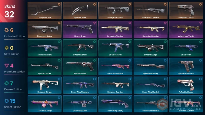 AP | 32 Skins | Divergence Bundle | Battlepasses 2 | Valiant Hero Vandal| Gold | Buddies 51 | Level 34 | Full Access | Instant Delivery | Full D