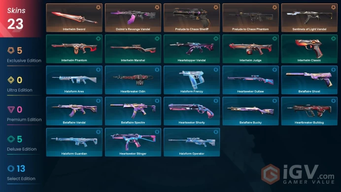 AP| 23 Skins | Gold | Battle passes 2 | Prelude to Chaos Phantom |Dolmir's Revenge Vandal | Prelude to Chaos Sheriff | Full Details Below!