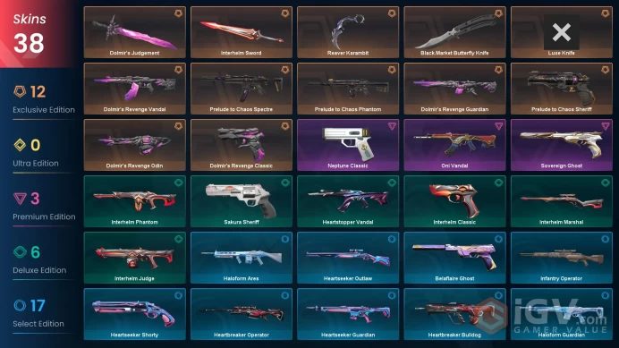 AP | 38 Skins | Reaver  Karambit | Dolmir's | Judgement Bundle | VP Value 36700 | 2 Battle passes | Full Access |Full Details Below!