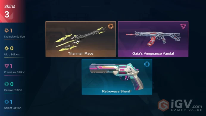 EU | 3 Skins| Gold | Titanmail Mace | Gaia's Vengeance Vandal| Level 78 | Agent 15 | Buddies 69