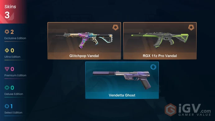 EU | 3 Skins| Gold | Glitchpop Vandal | RGX 11z Pro Vandal| Vendetta Ghost| Level 37 | Agent 4| Buddies 31