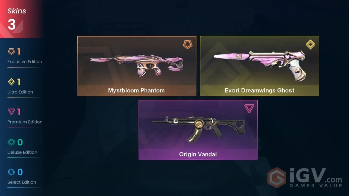EU | 3 Skins | Gold | Level 36 | VP Value 6425 | Evori Dreamwings Ghost | Mystbloom Phantom | Origin Vandal | 22 Buddies |
