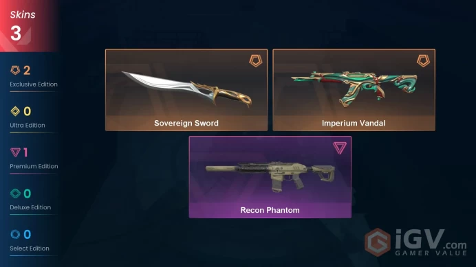 EU | 3 Skins | Diamond | Level 42 | VP Value 7500 | Sovereign Sword | Imperium Vandal | Recon Phantom |