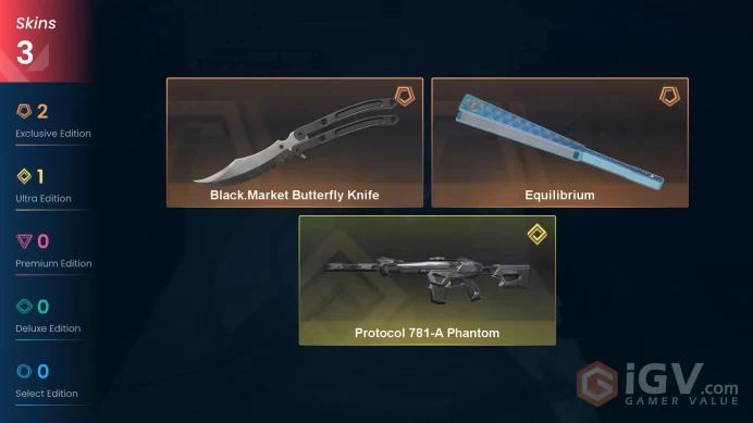 EU | 3 Skins | Silver | Level 50 | VP Value 8575 | Black.Market Butterfly Knife | Equilibrium | Protocol 781-A Phantom |