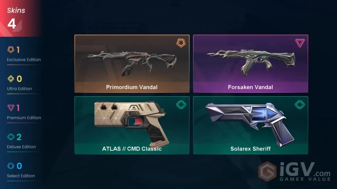 EU | 4 Skins | Platinum 3 | Level 51 | RP 150 | Primordium Vandal – 2175 | Forsaken Vandal – 1775 | 