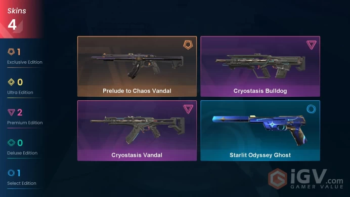 EU | 4 Skins| Platinum | Prelude to Chaos Vandal | Cryostasis Vandal| Buddies 54 | Level 68 |