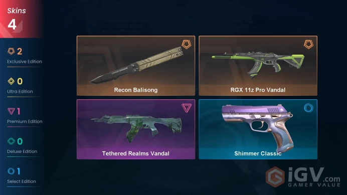 EU | 4 Skins | Platinum | Level 36 | VP Value 7500 | Recon Balisong | RGX 11z Pro Vandal | Tethered Realms Vandal |