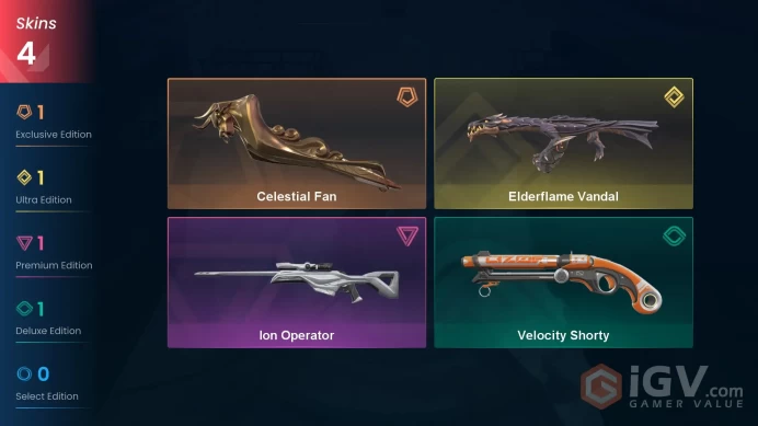 EU | 4 Skins | Gold | Level 60 | VP Value 7800 | Celestial Fan | Elderflame Vandal | Ion Operator |