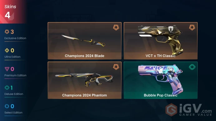 EU | 4 Skins | Ascendant 2  | VP Value 10365  | Champions 2024 Bundle | VCT x TH Classic |