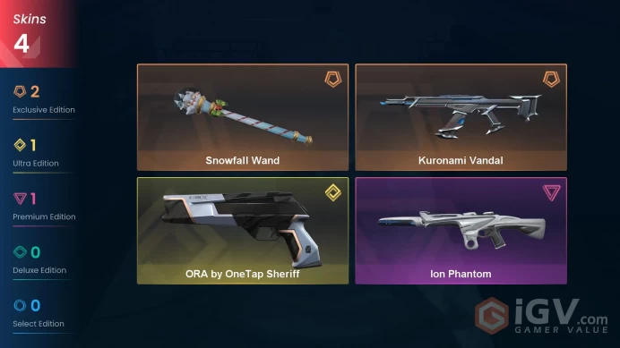 EU | 4 Skins | Platinum | Level 44 | VP Value 10550 | Snowfall Wand | Kuronami Vandal | ORA by OneTap Sheriff | 