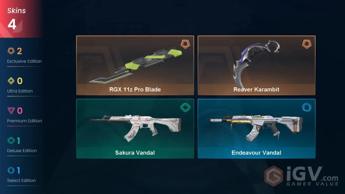 EU | 4 Skins | Silver | Reaver Karambit | RGX 11z Pro Blade | Endeavour Vandal | Level 34 | Buddies 18 |