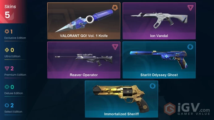 EU | 5 Skins | Platinum | Level 60 | VP Value 7100 | VALORANT GO! Vol. 1 Knife | Reaver Operator | Ion Vandal | 