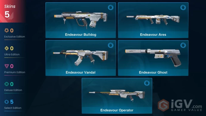 EU | 5 Skins| Platinum | Endeavour Bundle | Endeavour Vandal| Level 26 | Agent 3| Buddies 13|