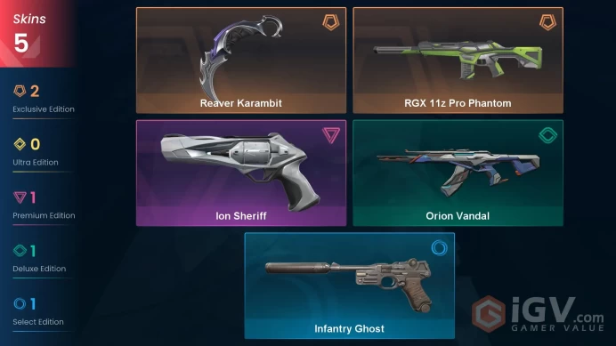 EU | 5 Skins | Platinum | Level 38 | VP Value 10450 | Reaver Karambit | RGX 11z Pro Phantom | Ion Sheriff |