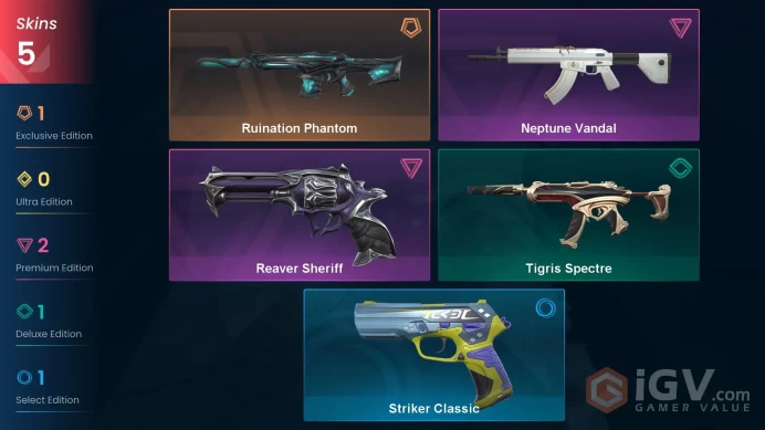 EU | 5 Skins | Diamond | Level 53 | VP Value 7000 | Ruination Phantom | Neptune Vandal | Reaver Sheriff |