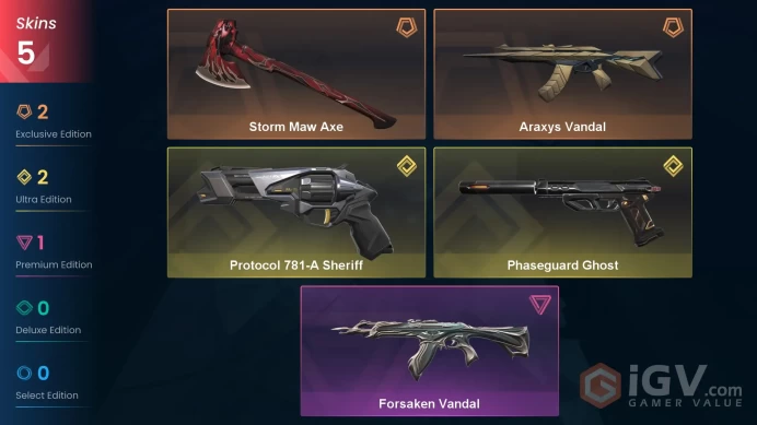 EU | 5 Skins | Platinum | Level 35 | VP Value 309 | Araxys Vandal | Storm Maw Axe | Buddies 27 | 