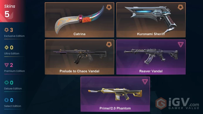 EU | 5 Skins | Gold | Level 45 | VP Value 10650 | Catrina | Kuronami Sheriff | Prelude to Chaos Vandal |