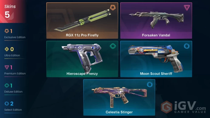 EU | 5 Skins | Bronze 2 | Forsaken Vandal | RGX 11z Pro Firefly | VP Value 7125 | Battlepasses 1| 