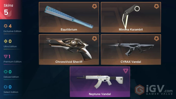 EU | 5 Skins | Diamond |Minima Karambit | Equilibrium | CYRAX Vandal| Buddies 41 | ChronoVoid Sheriff | 