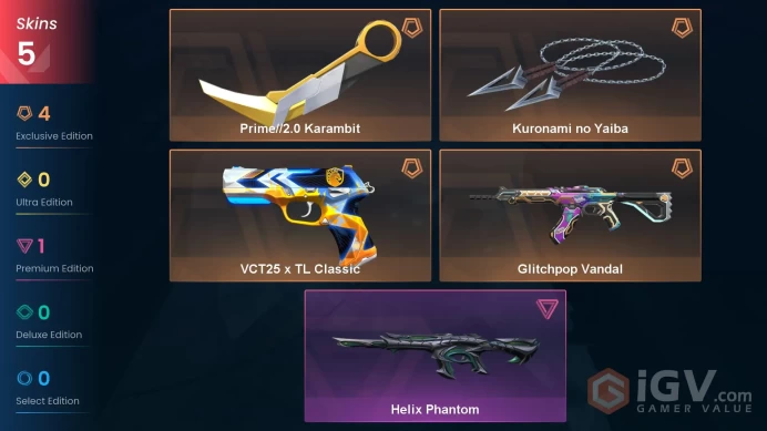 EU | 5 Skins | 2 Knifes | Gold | Level 29 | VP Value 15190 | Kuronami no Yaiba | Prime 2.0 Karambit | VCT25 TL Classic | Glitchpop Vandal |